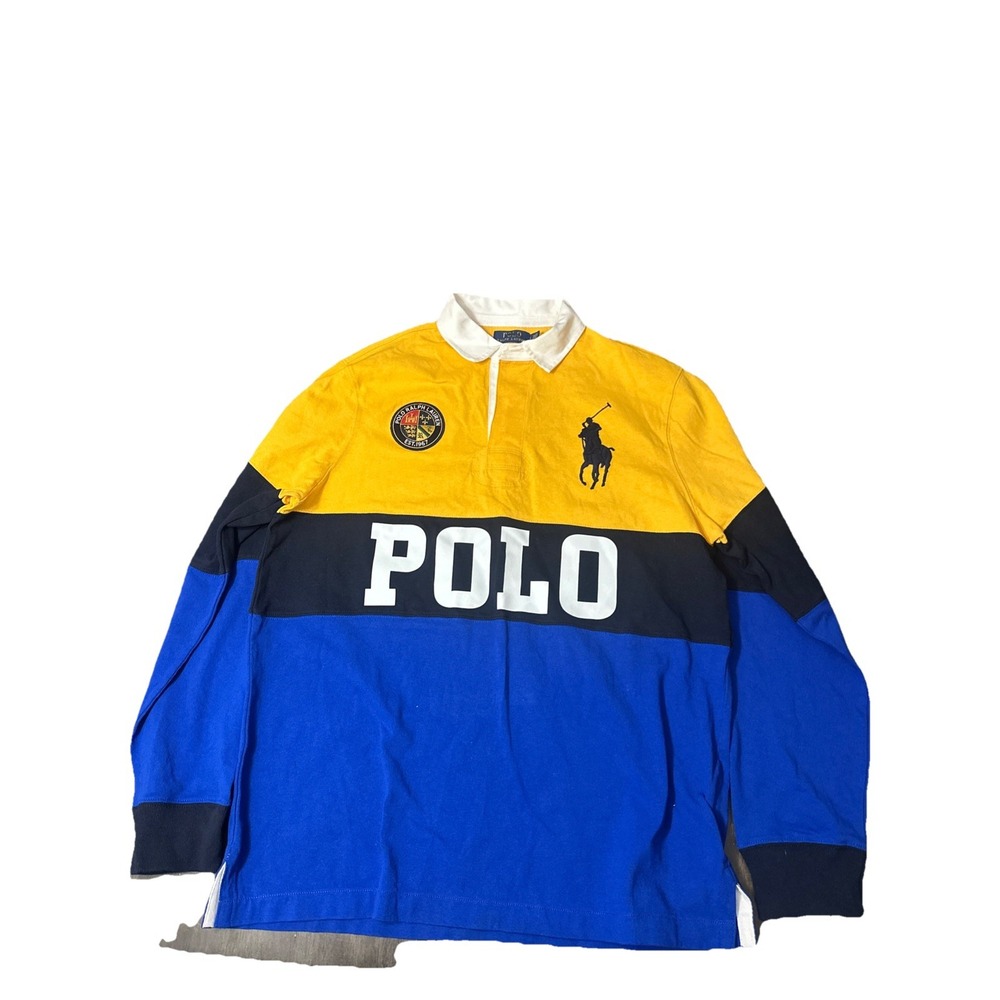 Polo Ralph Lauren Big Pony Color Block Blue Yellow Rugby Shirt Mens Large Rare